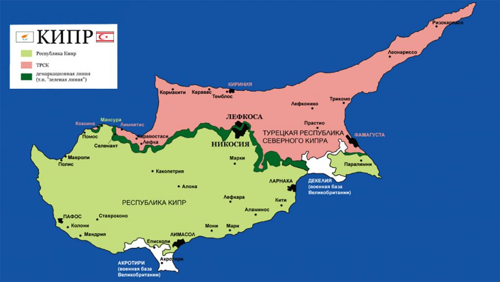 Турецька і грецька частина острова на карті Кіпру - Північний Кіпр і Республіка Кіпр: