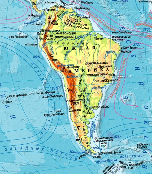 Фізична карта Південної Америки: