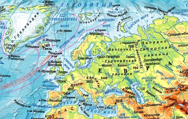 Фізична карта Європи: