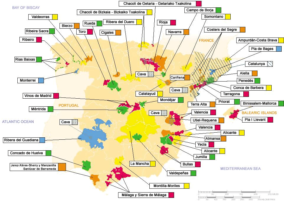 Винні регіони Іспанії на мапі: