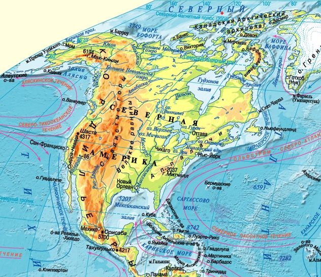 Фізична карта Північної Америки:
